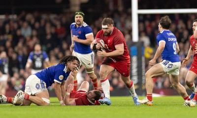 150226 - Wales v France, 2026 Guinness Six Nations - Tomas Francis of Wales  charges forward