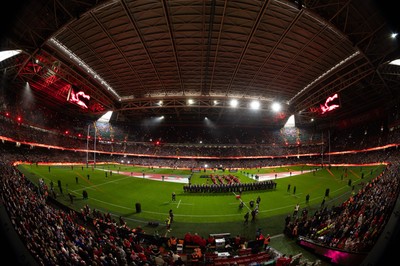 150226 - Wales v France, 2026 Guinness Six Nations - Pre match light show at the Principality Stadium