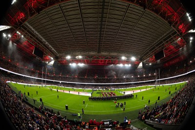150226 - Wales v France, 2026 Guinness Six Nations - Pre match light show at the Principality Stadium