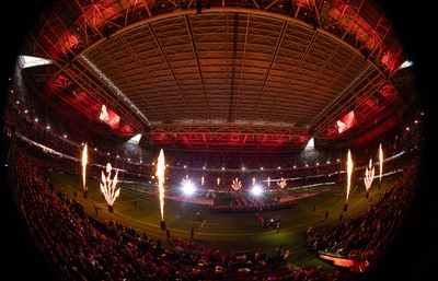 150226 - Wales v France, 2026 Guinness Six Nations - Pre match light show at the Principality Stadium