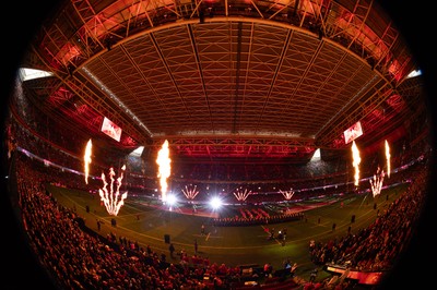 150226 - Wales v France, 2026 Guinness Six Nations - Pre match light show at the Principality Stadium