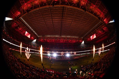 150226 - Wales v France, 2026 Guinness Six Nations - Pre match light show at the Principality Stadium