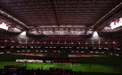 150226 - Wales v France, 2026 Guinness Six Nations - The Wales team line up for the anthems