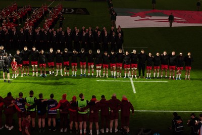 150226 - Wales v France, 2026 Guinness Six Nations - The Wales team line up for the anthems