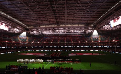150226 - Wales v France, 2026 Guinness Six Nations - The Wales team line up for the anthems