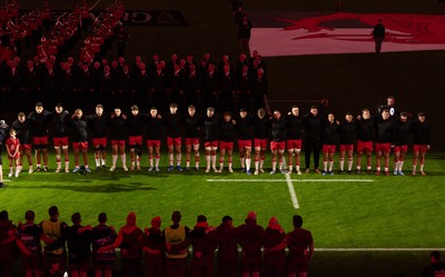 150226 - Wales v France, 2026 Guinness Six Nations - The Wales team line up for the anthems