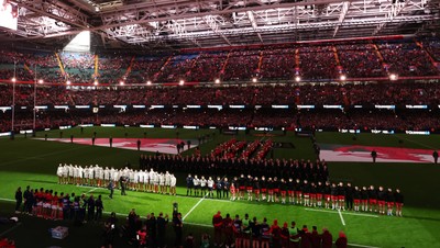 150226 - Wales v France, 2026 Guinness Six Nations - The Wales team line up for the anthems