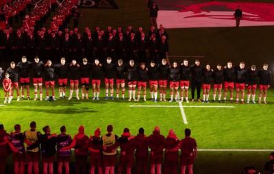 150226 - Wales v France, 2026 Guinness Six Nations - The Wales team line up for the anthems