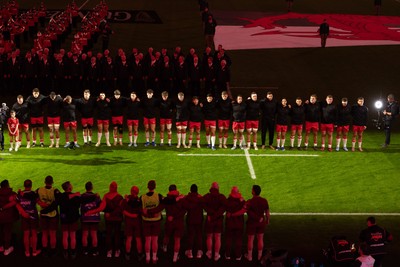 150226 - Wales v France, 2026 Guinness Six Nations - The Wales team line up for the anthems