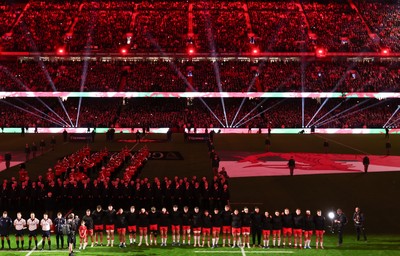 150226 - Wales v France, 2026 Guinness Six Nations - The Wales team line up for the anthems