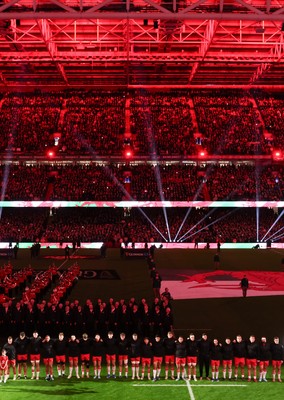 150226 - Wales v France, 2026 Guinness Six Nations - The Wales team line up for the anthems