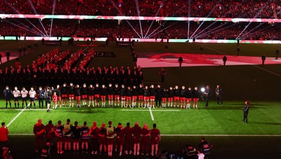 150226 - Wales v France, 2026 Guinness Six Nations - The Wales team line up for the anthems