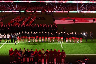 150226 - Wales v France, 2026 Guinness Six Nations - The Wales team line up for the anthems