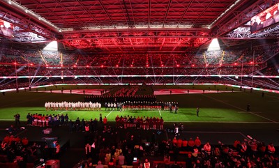 150226 - Wales v France, 2026 Guinness Six Nations - The Wales team line up for the anthems