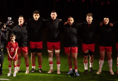 150226 - Wales v France, 2026 Guinness Six Nations - The Wales team line up for the anthems