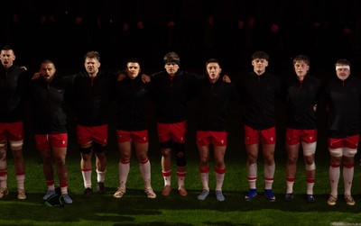 150226 - Wales v France, 2026 Guinness Six Nations - The Wales team line up for the anthems