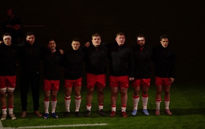 150226 - Wales v France, 2026 Guinness Six Nations - The Wales team line up for the anthems