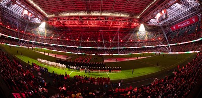 150226 - Wales v France, 2026 Guinness Six Nations - The Wales team line up for the anthems