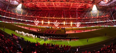150226 - Wales v France, 2026 Guinness Six Nations - The Wales team line up for the anthems