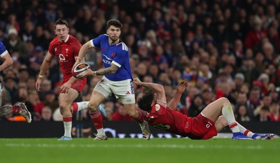 150226 - Wales v France, 2026 Guinness Six Nations - Matthieu Jalibert of France looks for support