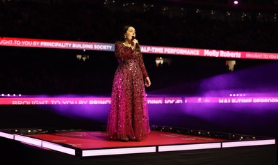 150226 - Wales v France, 2026 Guinness Six Nations - Molly Roberts performs at half time