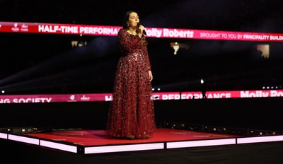 150226 - Wales v France, 2026 Guinness Six Nations - Molly Roberts performs at half time