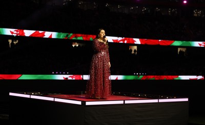 150226 - Wales v France, 2026 Guinness Six Nations - Molly Roberts performs at half time