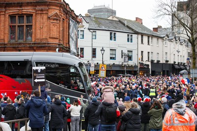 150226 - Wales v France - Guinness Six Nations - The Wales team coach arrives at Principality Stadium