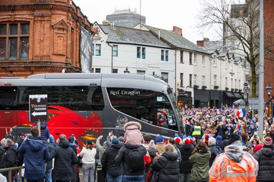 150226 - Wales v France - Guinness Six Nations - The Wales team coach arrives at Principality Stadium