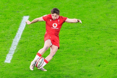150226 - Wales v France - Guinness Six Nations - Dan Edwards of Wales kicks the ball