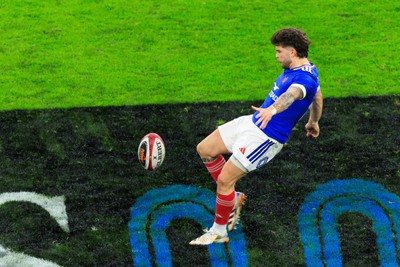 150226 - Wales v France - Guinness Six Nations - Matthieu Jalibert of France kicks the ball