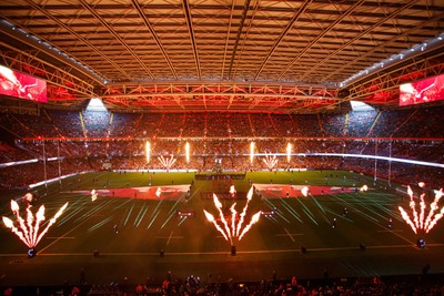 150226 - Wales v France - Guinness Six Nations - Pyrotechnics and light show as teams run onto the field