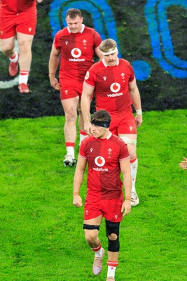 150226 - Wales v France - Guinness Six Nations - Alex Mann, Aaron Wainwright and Dewi Lake of Wales