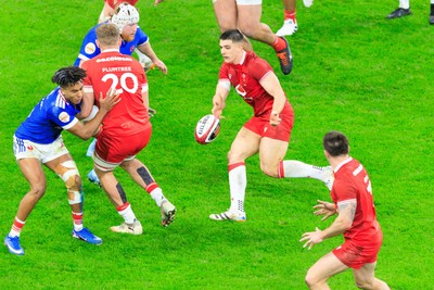 150226 - Wales v France - Guinness Six Nations - Joe Hawkins of Wales offloads the ball