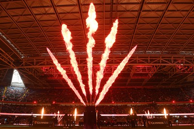 150226 - Wales v France - Guinness Men's Six Nations - Flames on display before the match