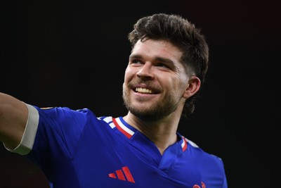 150226 - Wales v France - Guinness Men's Six Nations - Matthieu Jalibert of France celebrates the win at full time