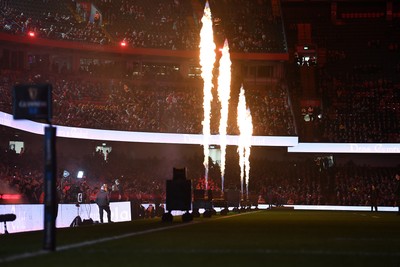 150226 - Wales v France - Guinness Men's Six Nations - Flames before the game