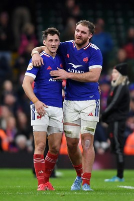 150226 - Wales v France - Guinness Men's Six Nations - Thomas Ramos and Dorian Aldegheri of France at full time