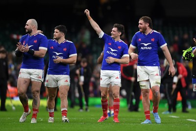 150226 - Wales v France - Guinness Men's Six Nations - France players celebrate the win at full time