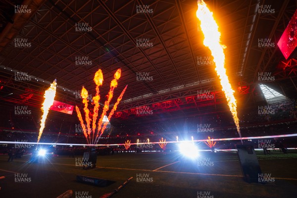 150226 - Wales v France - Guinness Six Nations - General views of Principality Stadium during the pre-match light show 