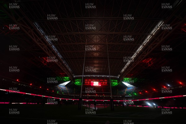 150226 - Wales v France - Guinness Six Nations - General views of Principality Stadium during the pre-match light show 