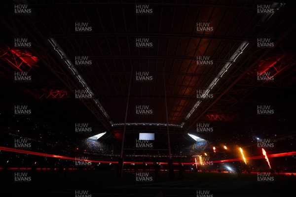 150226 - Wales v France - Guinness Six Nations - General views of Principality Stadium during the pre-match light show 