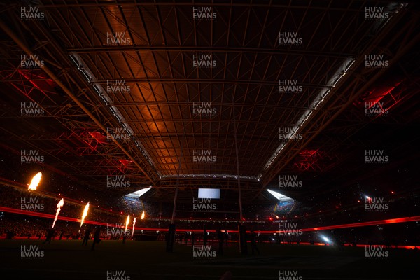 150226 - Wales v France - Guinness Six Nations - General views of Principality Stadium during the pre-match light show 