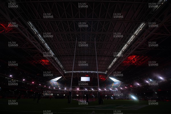 150226 - Wales v France - Guinness Six Nations - General views of Principality Stadium during the pre-match light show 