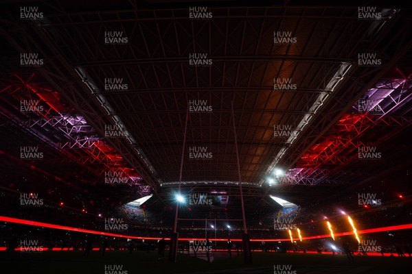 150226 - Wales v France - Guinness Six Nations - General views of Principality Stadium during the pre-match light show 
