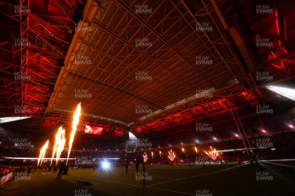 150226 - Wales v France - Guinness Six Nations - General views of Principality Stadium during the pre-match light show 