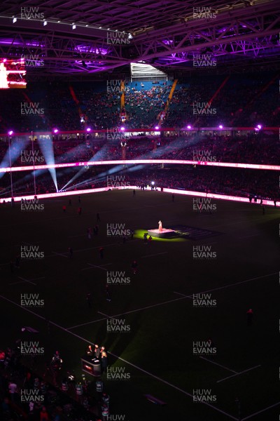 150226 - Wales v France - Guinness Six Nations - General views of Principality Stadium during the pre-match light show 