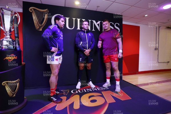 150226 - Wales v France - Guinness Six Nations Championship - Captains Antoine Dupont of France and Dewi Lake of Wales during the coin toss