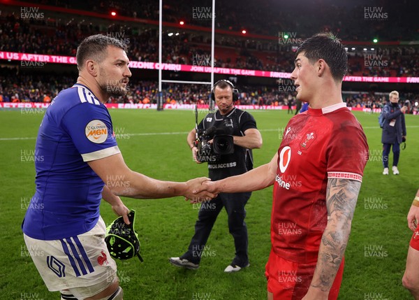 150226 - Wales v France - Guinness Six Nations Championship - Louis Rees-Zammit of Wales shakes hands with the opposition at full time