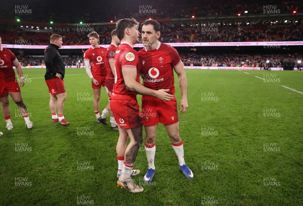 150226 - Wales v France - Guinness Six Nations Championship - Dan Edwards and Tomos Williams of Wales at full time